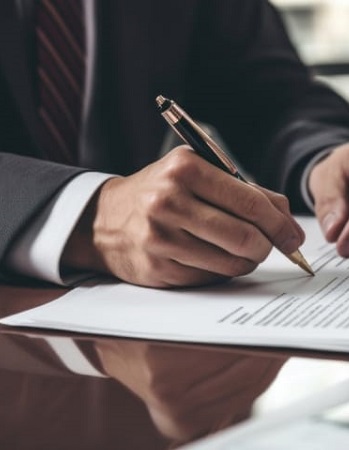 Close-up of a hand signing a document with a pen, symbolizing agreement, accountability, and due process in legal or business matters